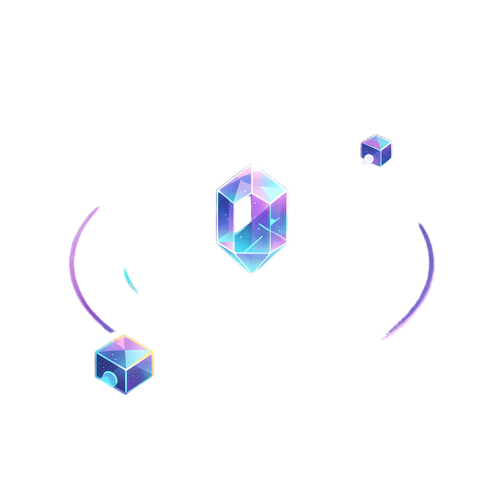 Sv&aelig;vende sekskantet krystalprisme med lilla og cyan lysringe og tre sm&aring; noder som symbol p&aring; svar og support hos Winna